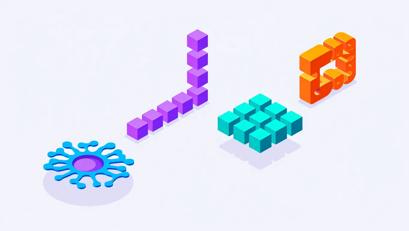 Quatre architectures différentes réseaux neuronaux représentées structures géométriques colorées distinctes