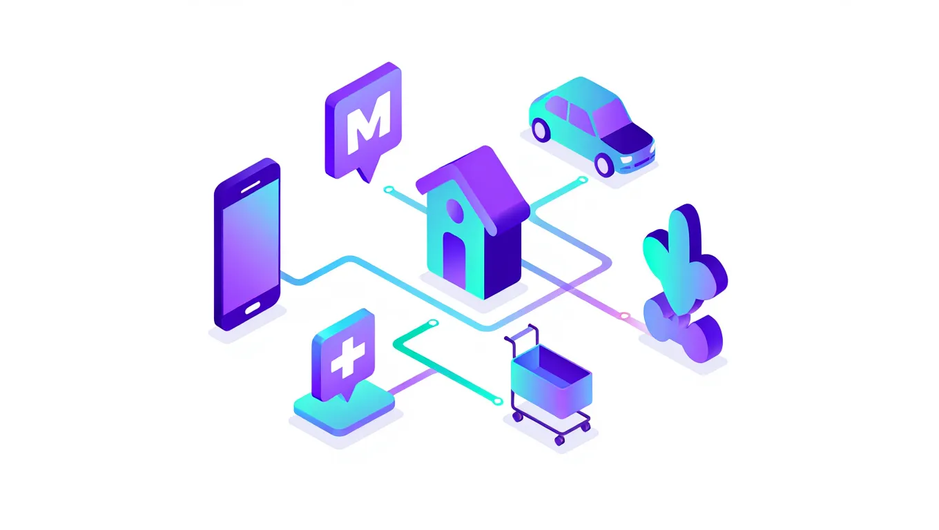 Applications quotidiennes de l'IA dans différents domaines de la vie courante connectés par un réseau